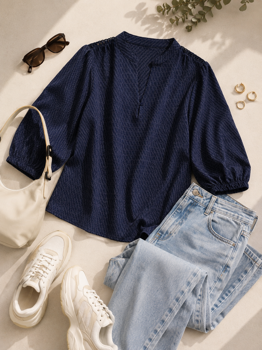 Women Navy Textured Balloon Sleeve Top