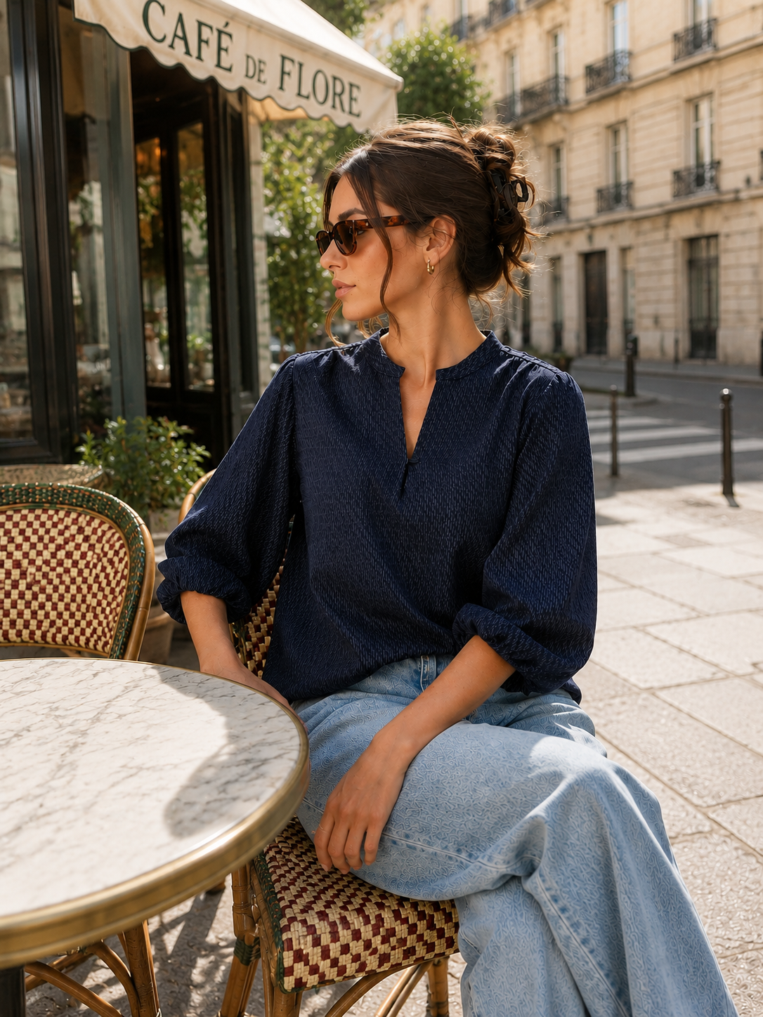 Women Navy Textured Balloon Sleeve Top