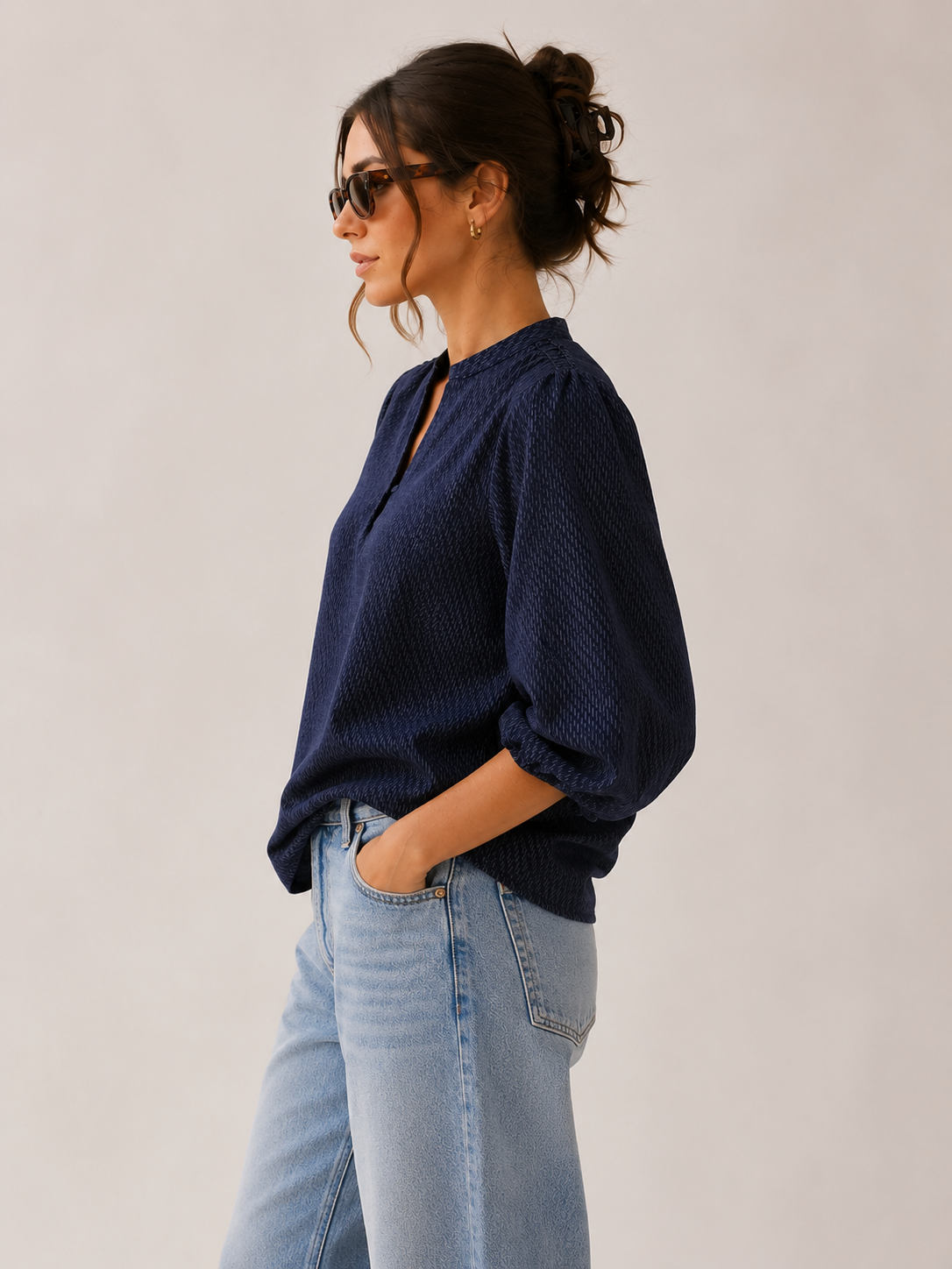 Women Navy Textured Balloon Sleeve Top
