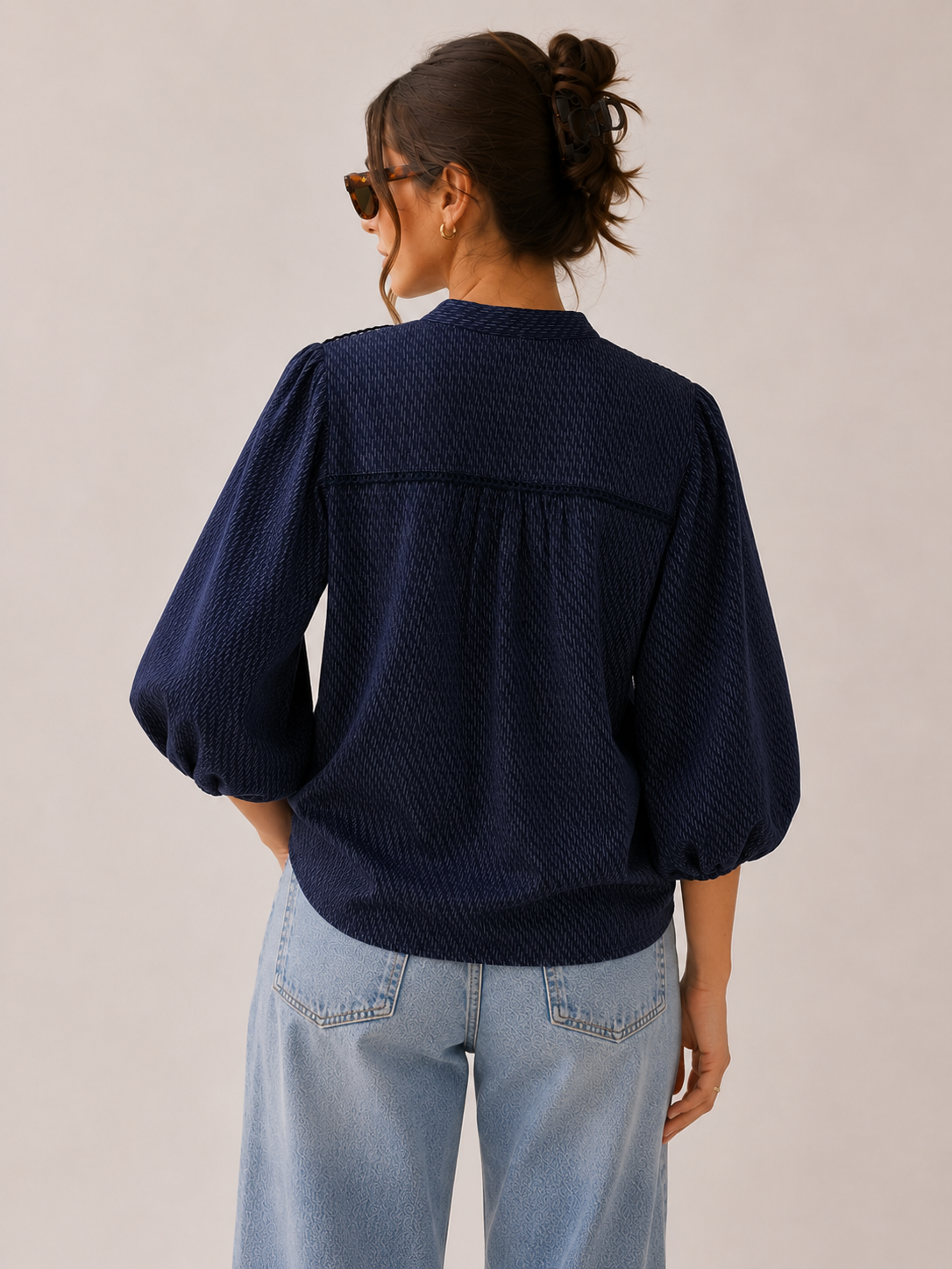 Women Navy Textured Balloon Sleeve Top