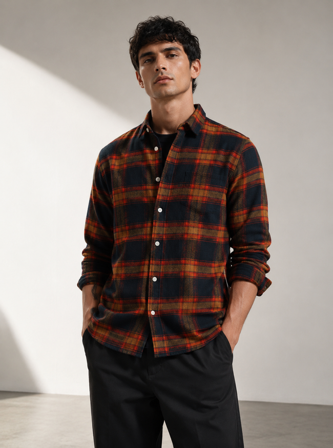 Men Orange Multi Check Shirt