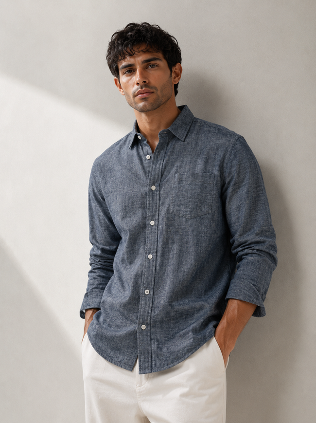 Men Grey Mélange Solid Shirt