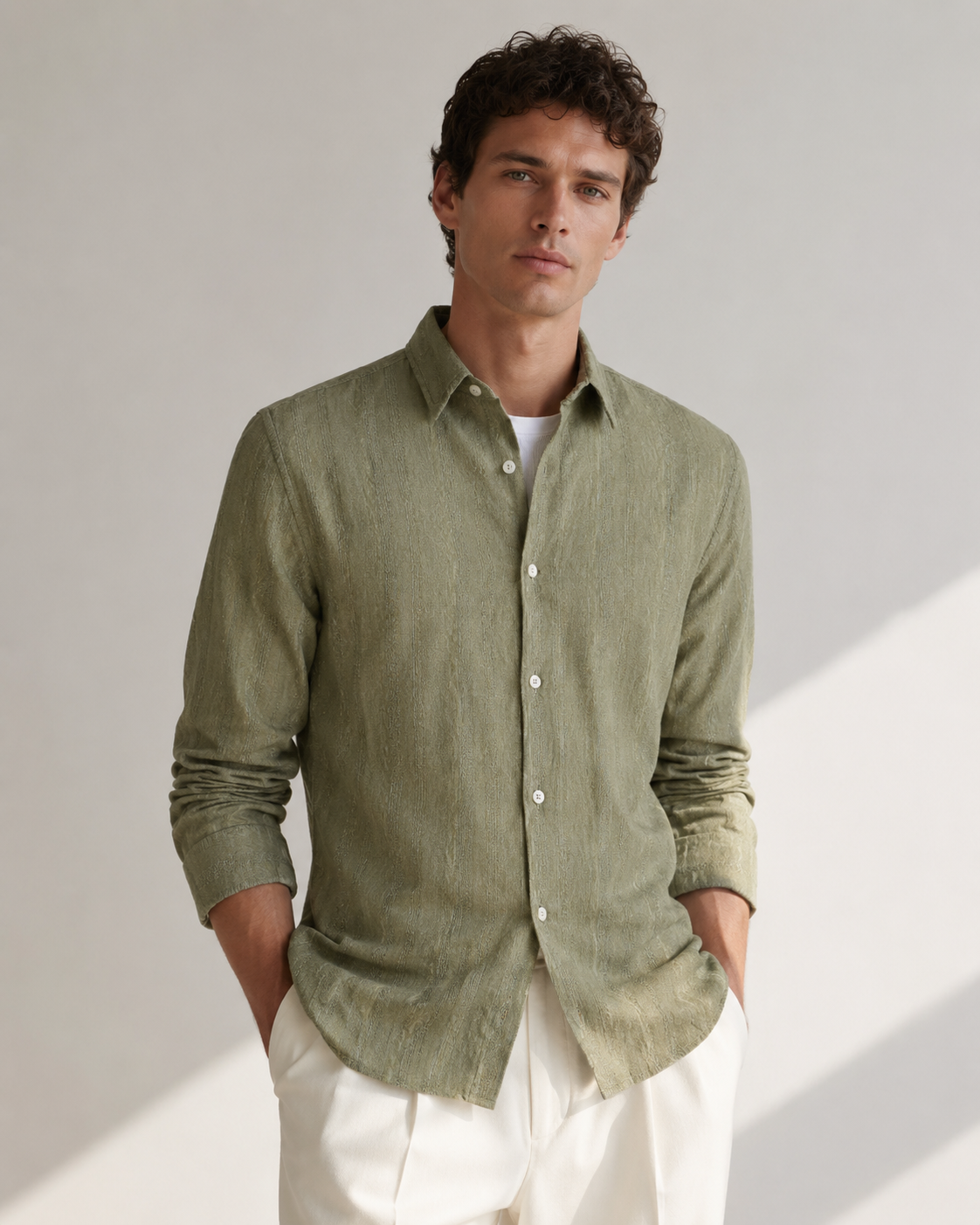Men Olive Self Design Shirt