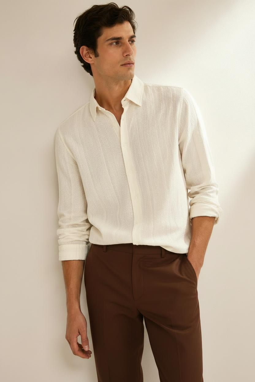 Men Cream Self Design Shirt