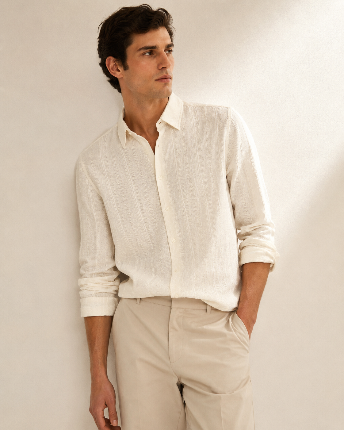 Men Cream Self Design Shirt