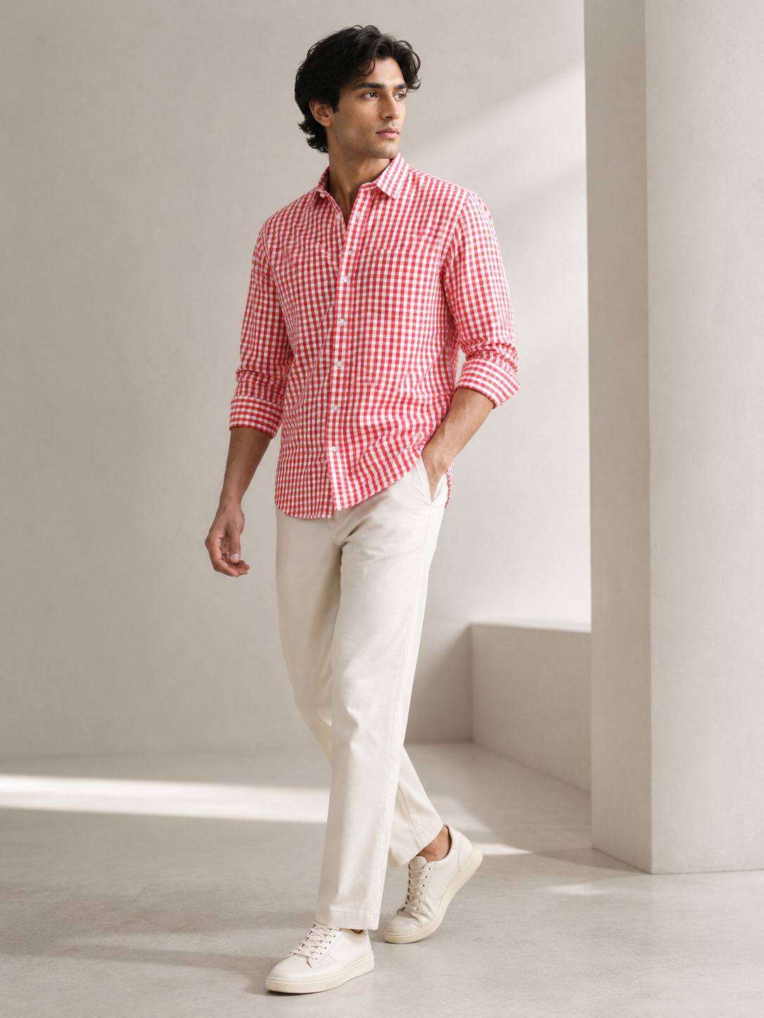 Men Red & White Plaid Regular Fit Shirt