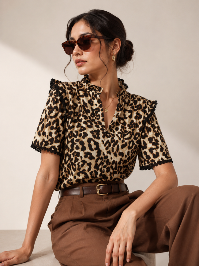 Women Brown Leopard Print Ruffle Neck Top