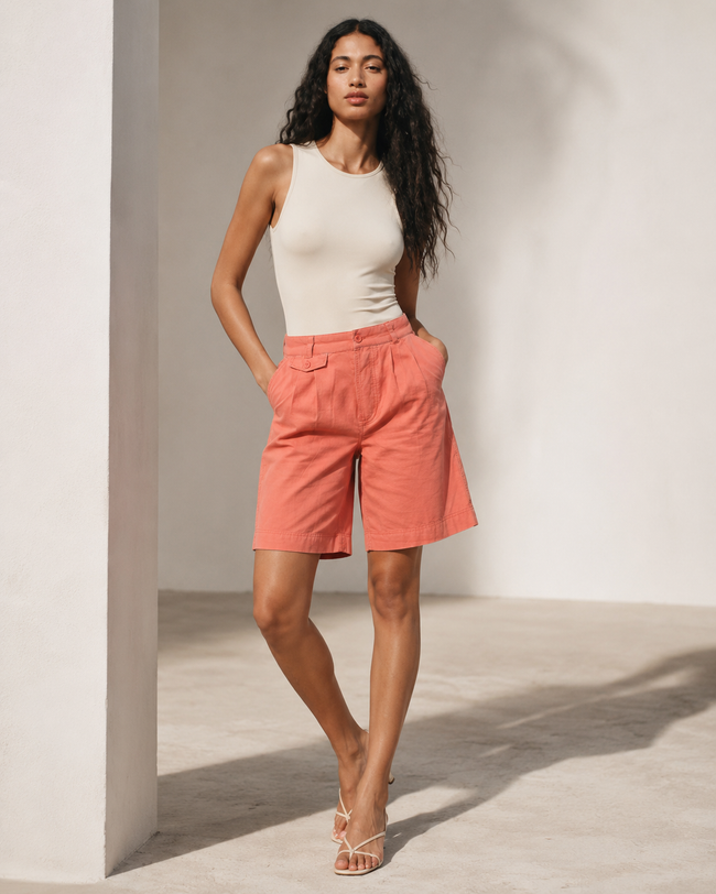 Women Coral Linen Blend Shorts