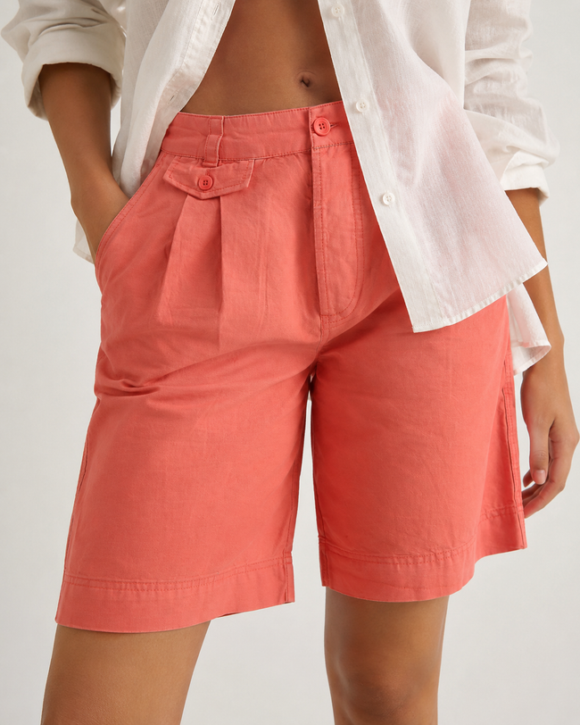 Women Coral Linen Blend Shorts