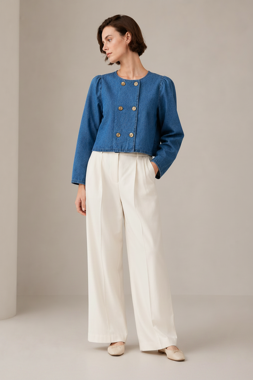 Women Indigo Denim Puff Sleeve Jacket