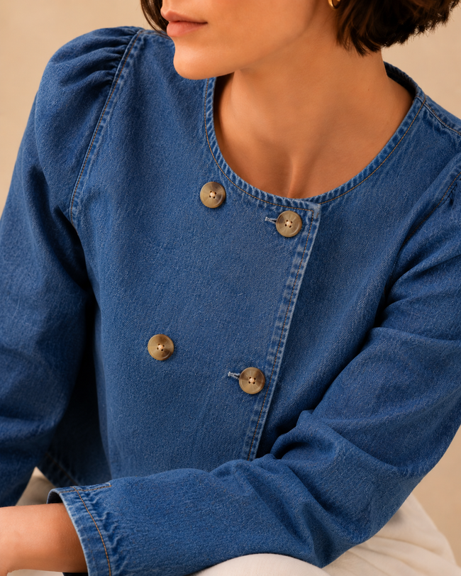 Women Indigo Denim Puff Sleeve Jacket