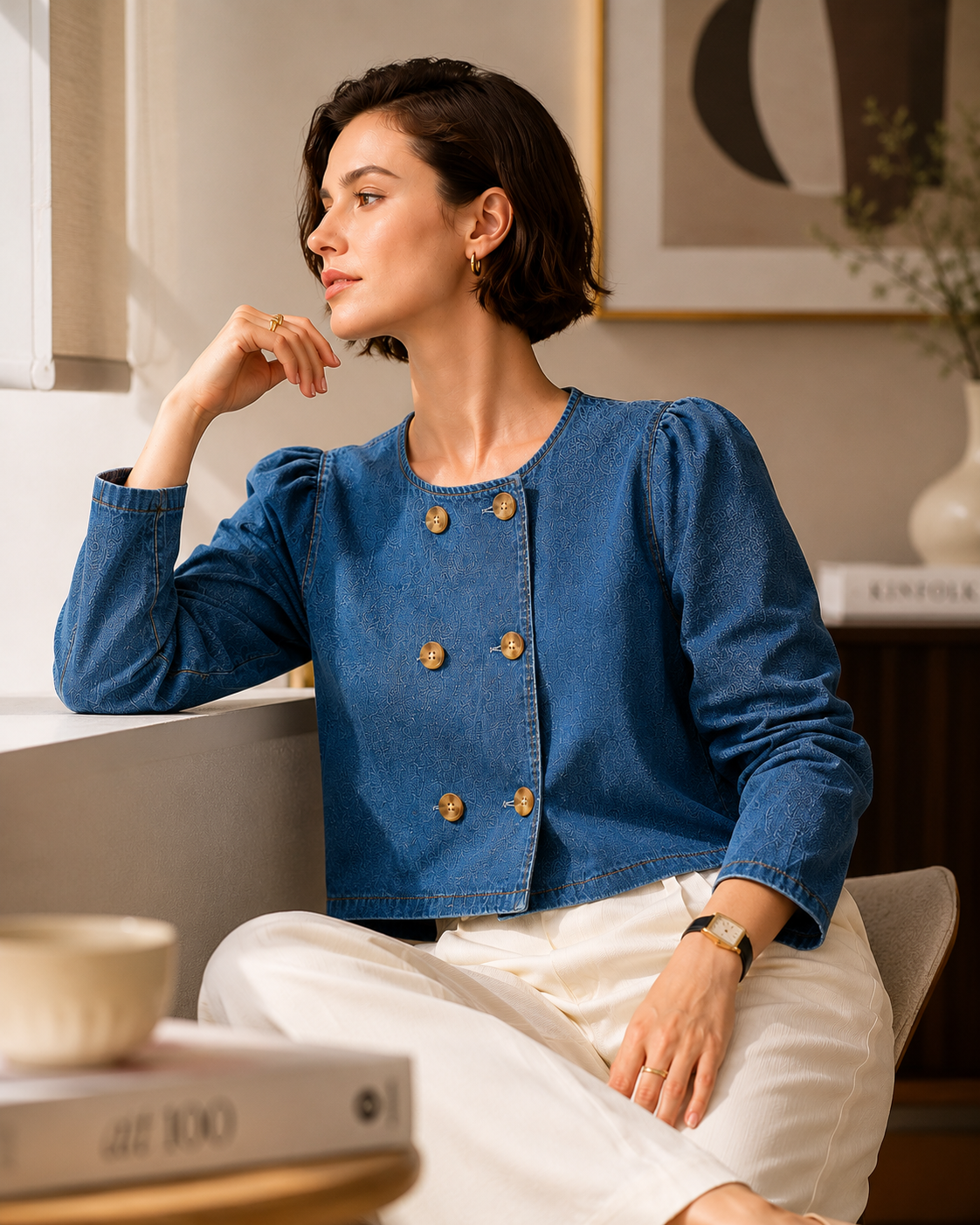 Women Indigo Denim Puff Sleeve Jacket
