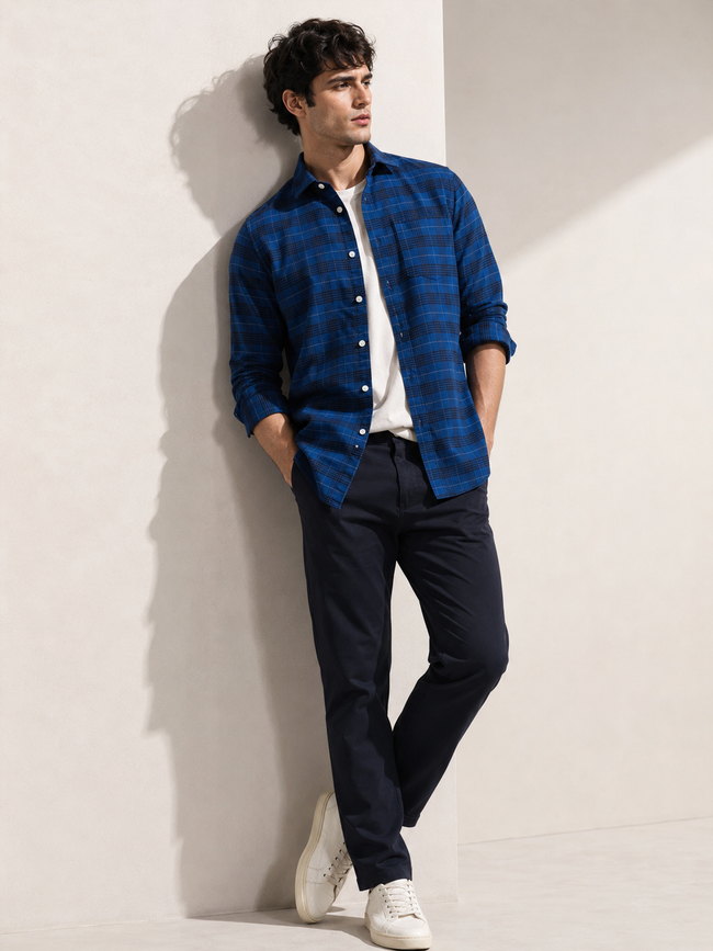 Men Slim Fit Blue & Black Shirt