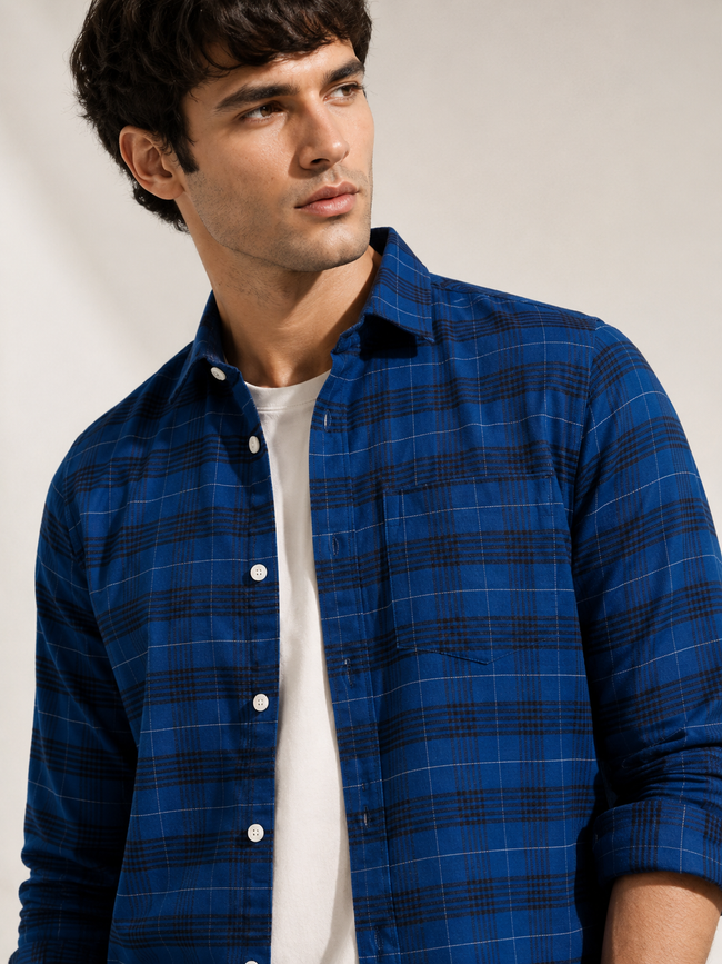 Men Slim Fit Blue & Black Shirt