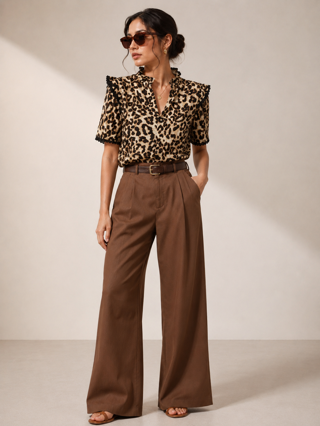 Women Brown Leopard Print Ruffle Neck Top