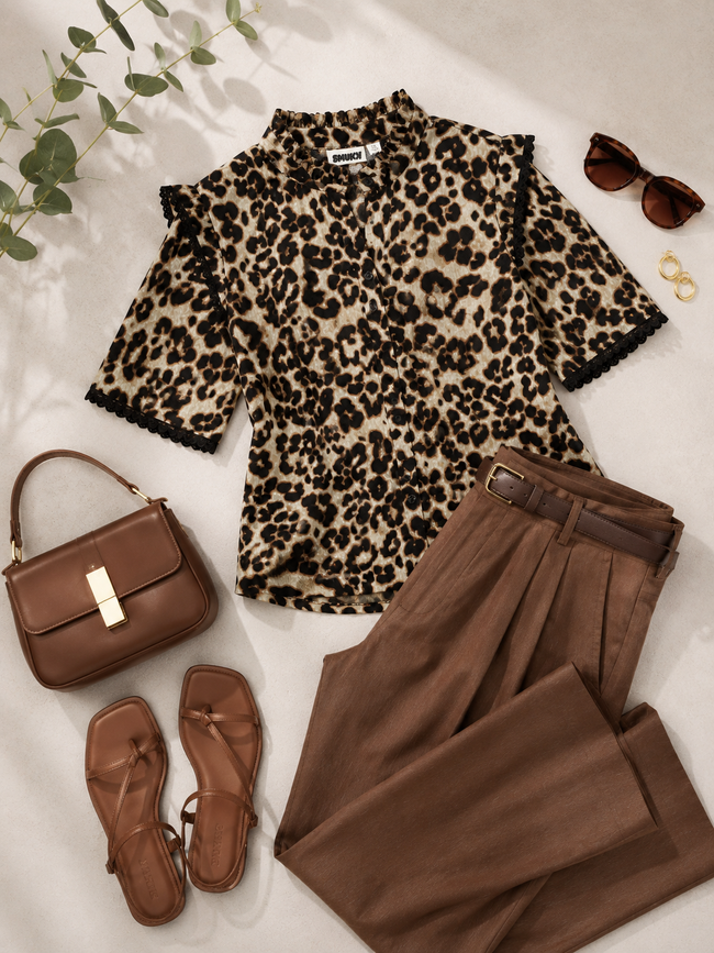 Women Brown Leopard Print Ruffle Neck Top