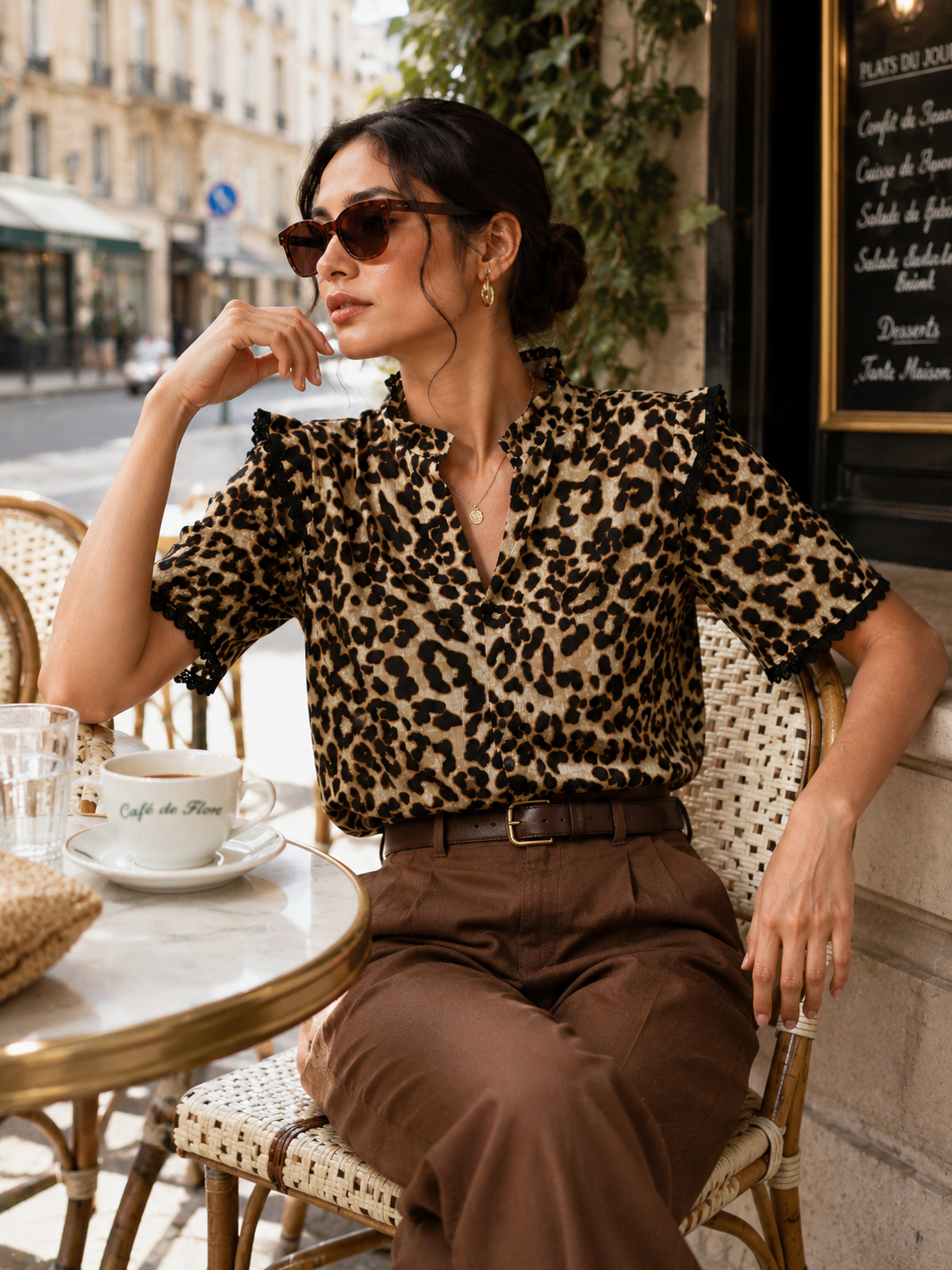 Women Brown Leopard Print Ruffle Neck Top