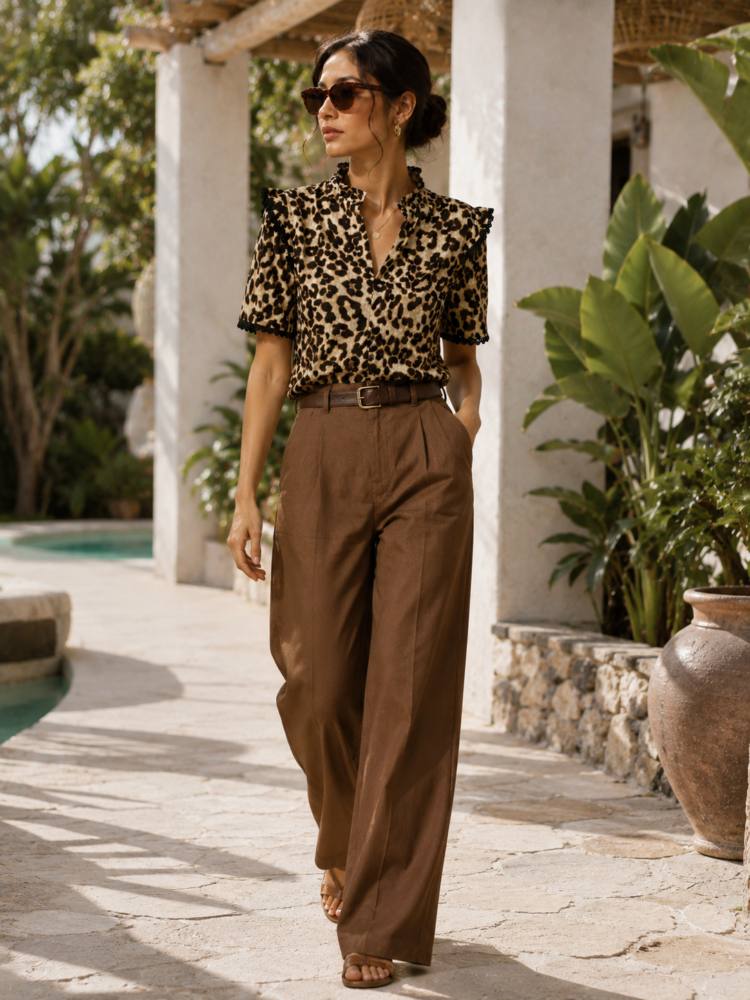 Women Brown Leopard Print Ruffle Neck Top
