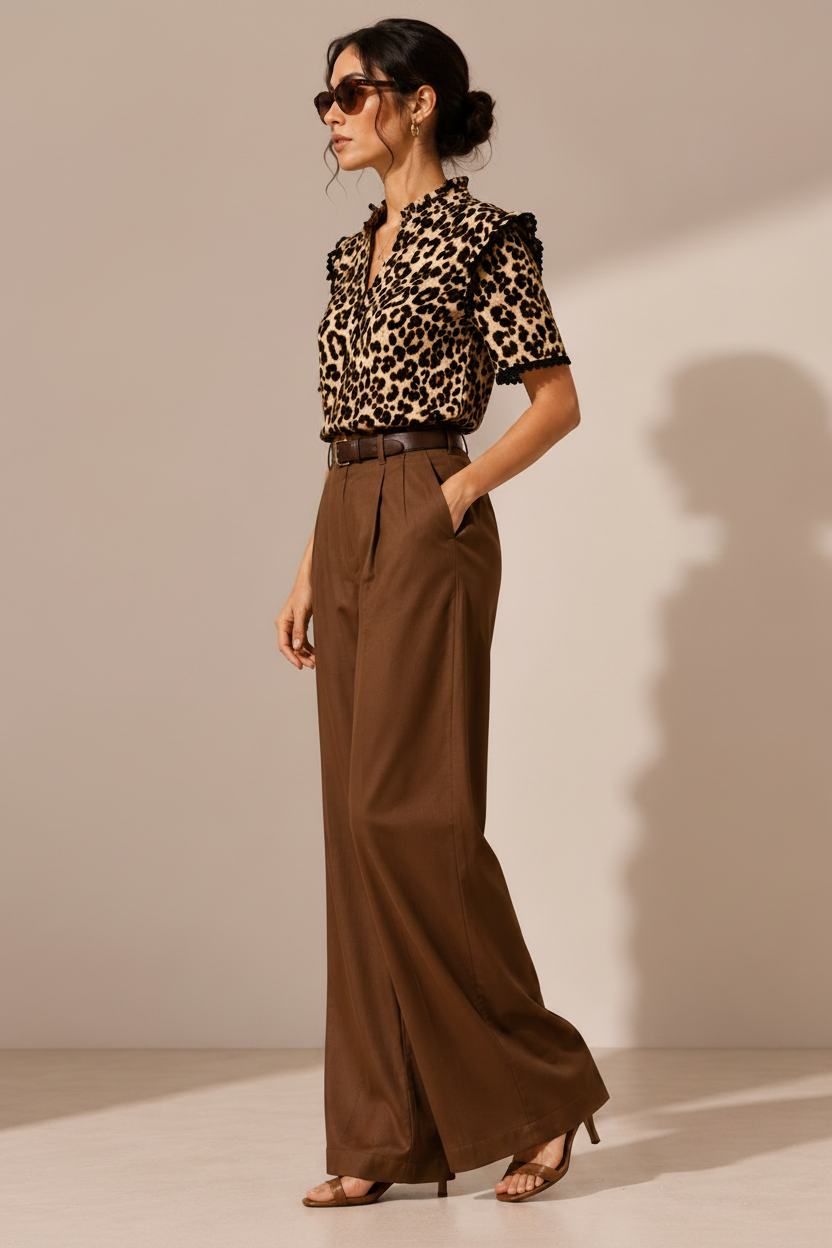 Women Brown Leopard Print Ruffle Neck Top