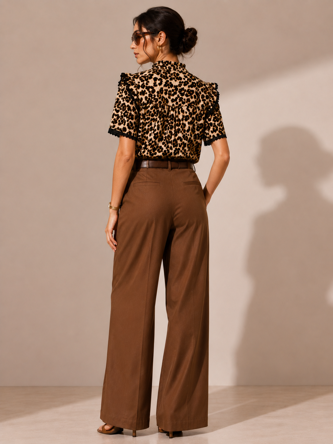 Women Brown Leopard Print Ruffle Neck Top