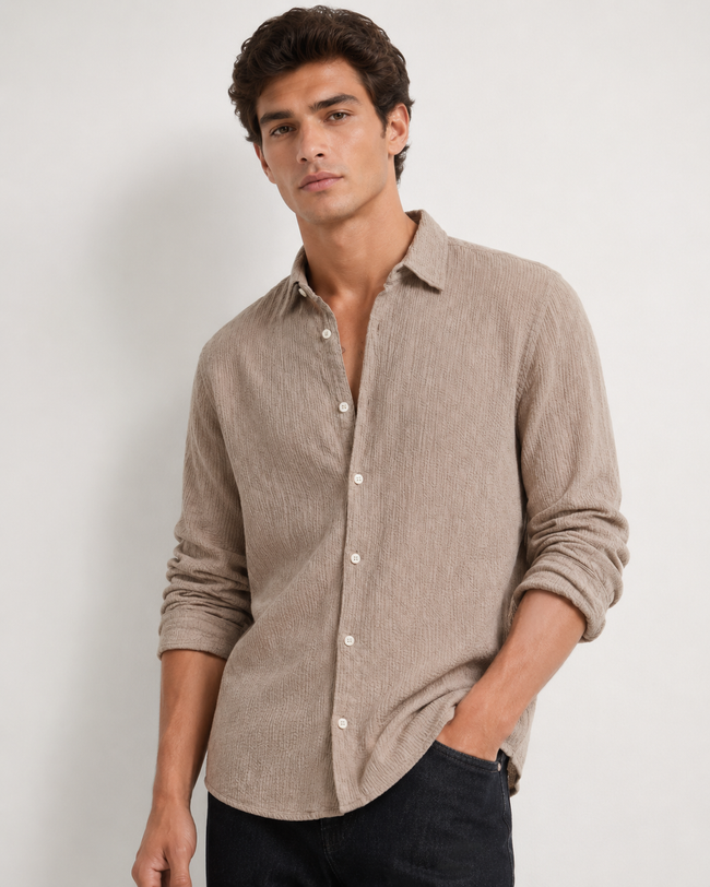 Men Taupe Self-Design Shirt