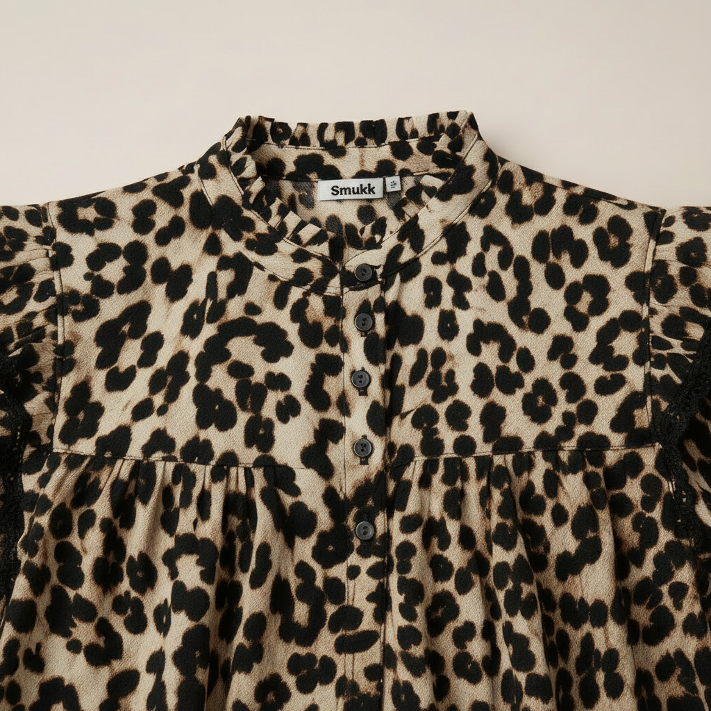 Women Brown Leopard Print Ruffle Neck Top