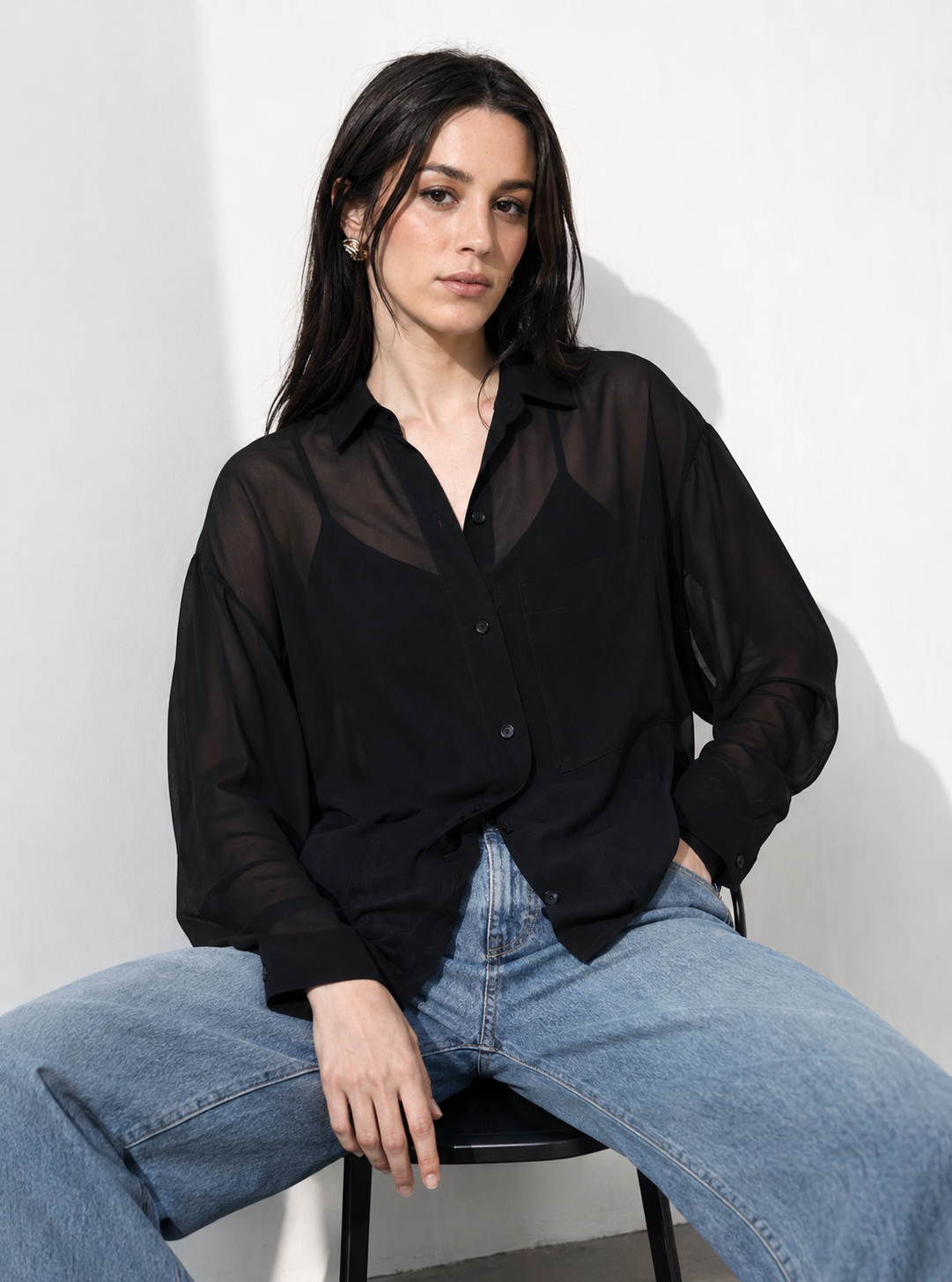 Women Black See-Through Party Shirt