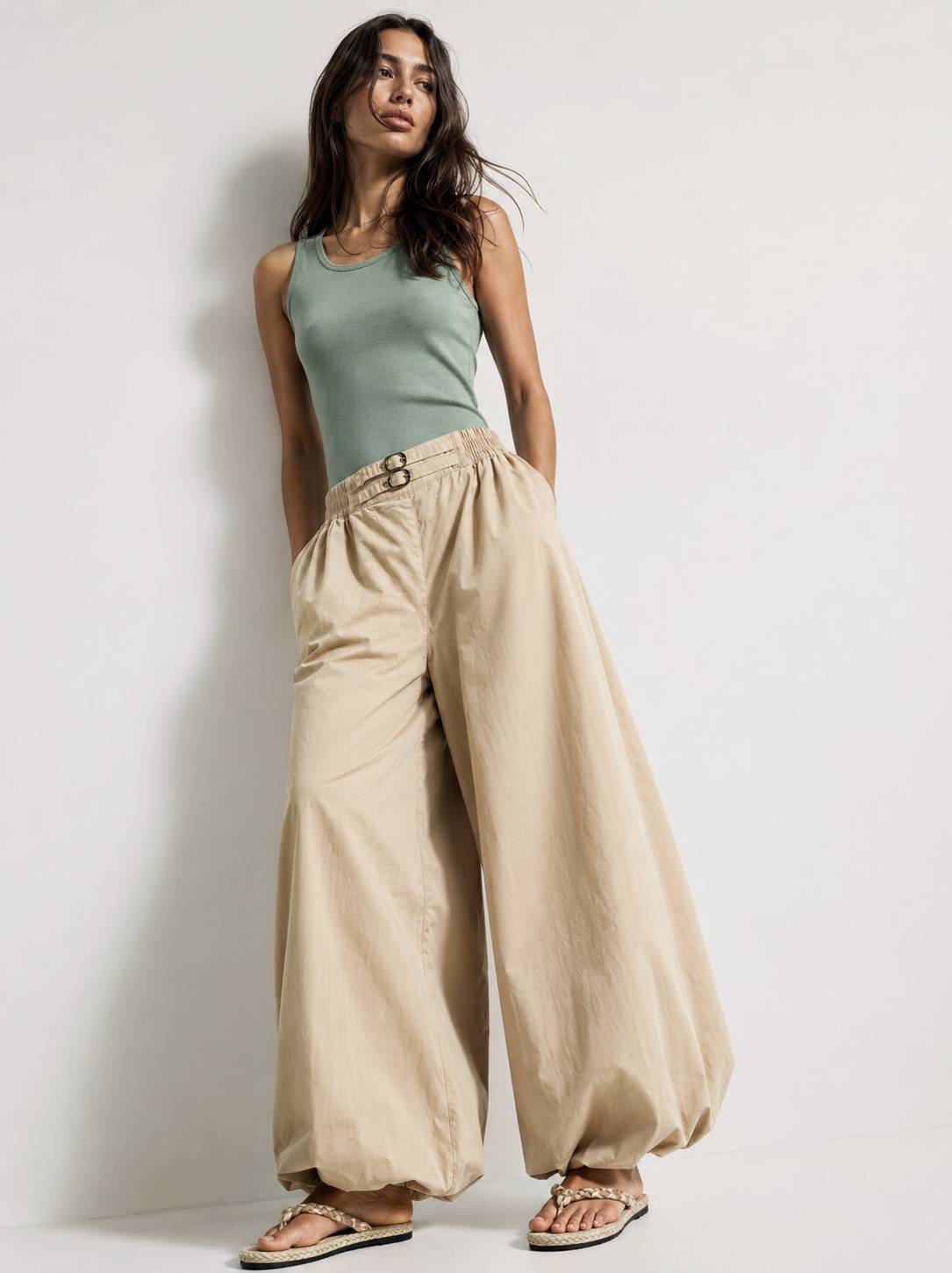 Women Beige Balloon Fit Pants