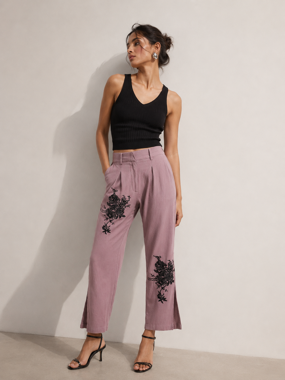 Women Pink Embroidered Pants with Slit