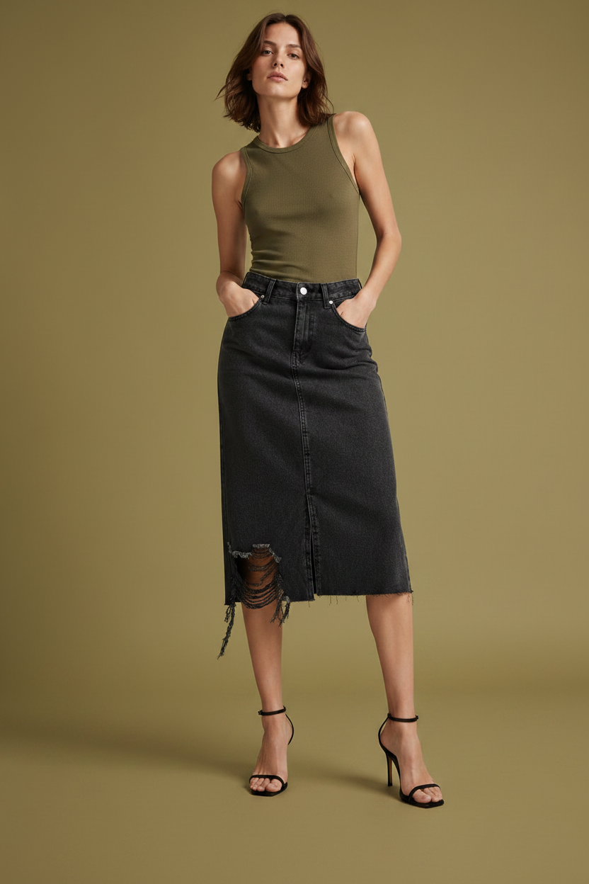 Women Black Denim Ribbed Edge Skirt