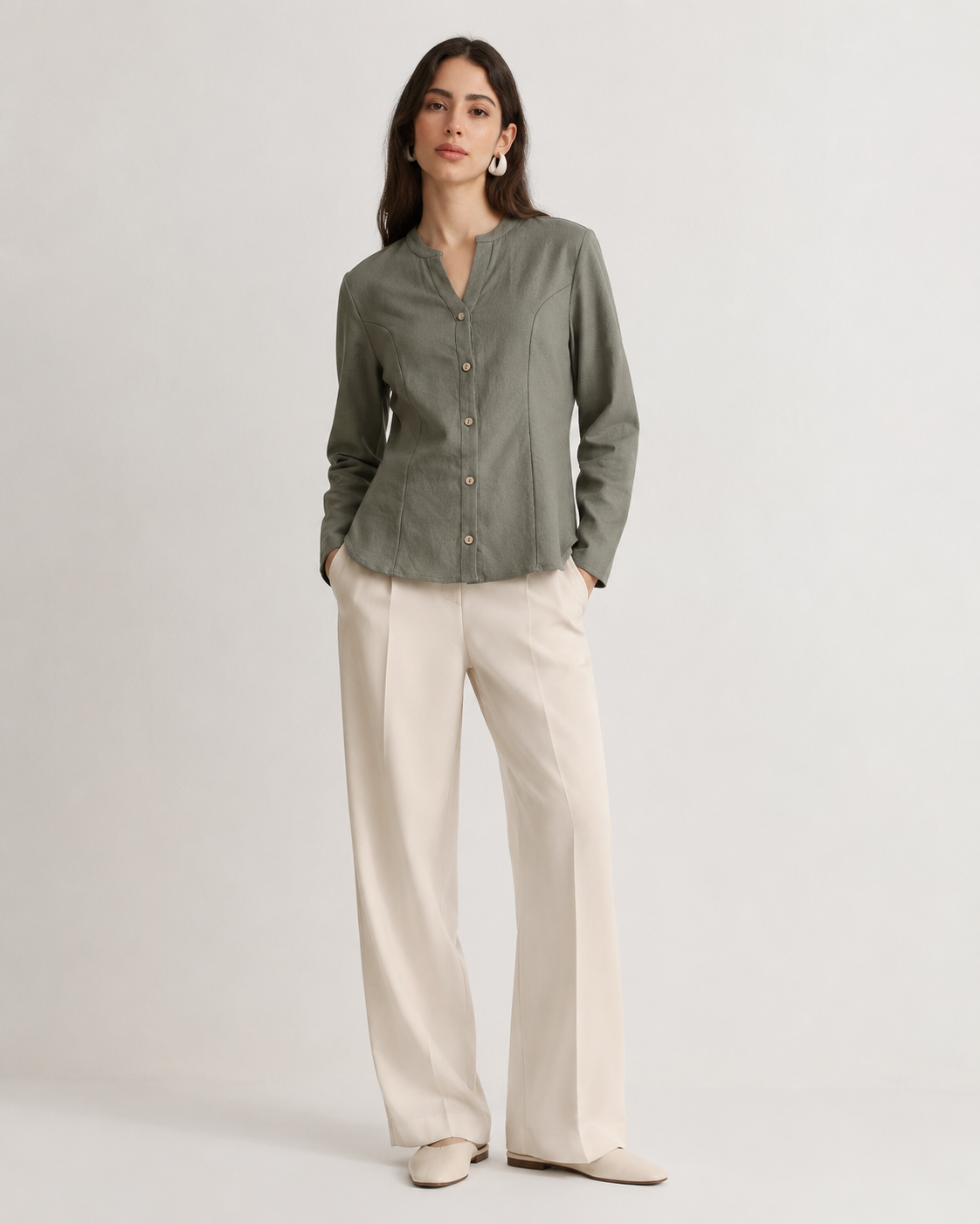 Women Linen Blend Olive Shacket