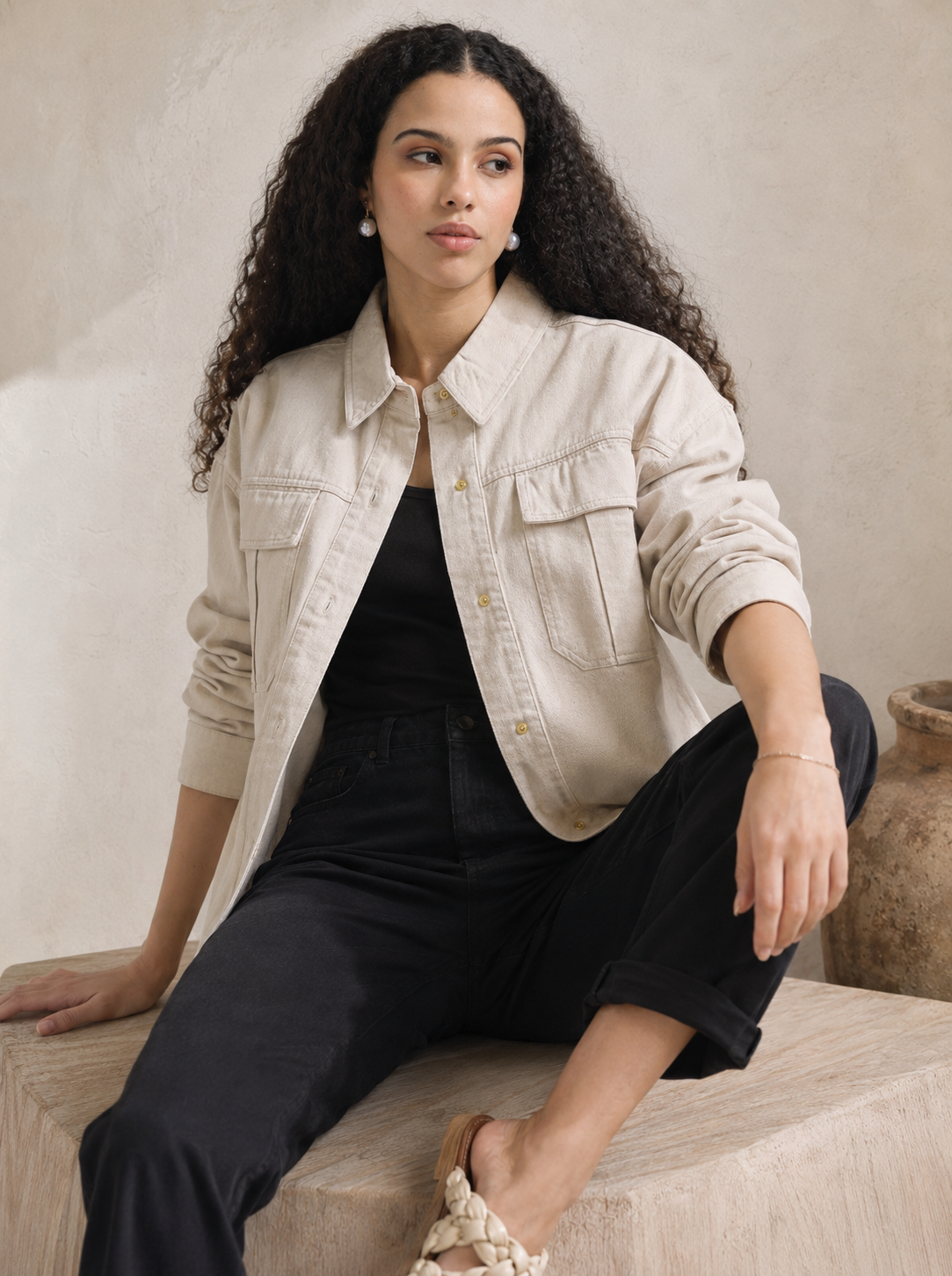 Women Beige Cotton Oversized Shacket 