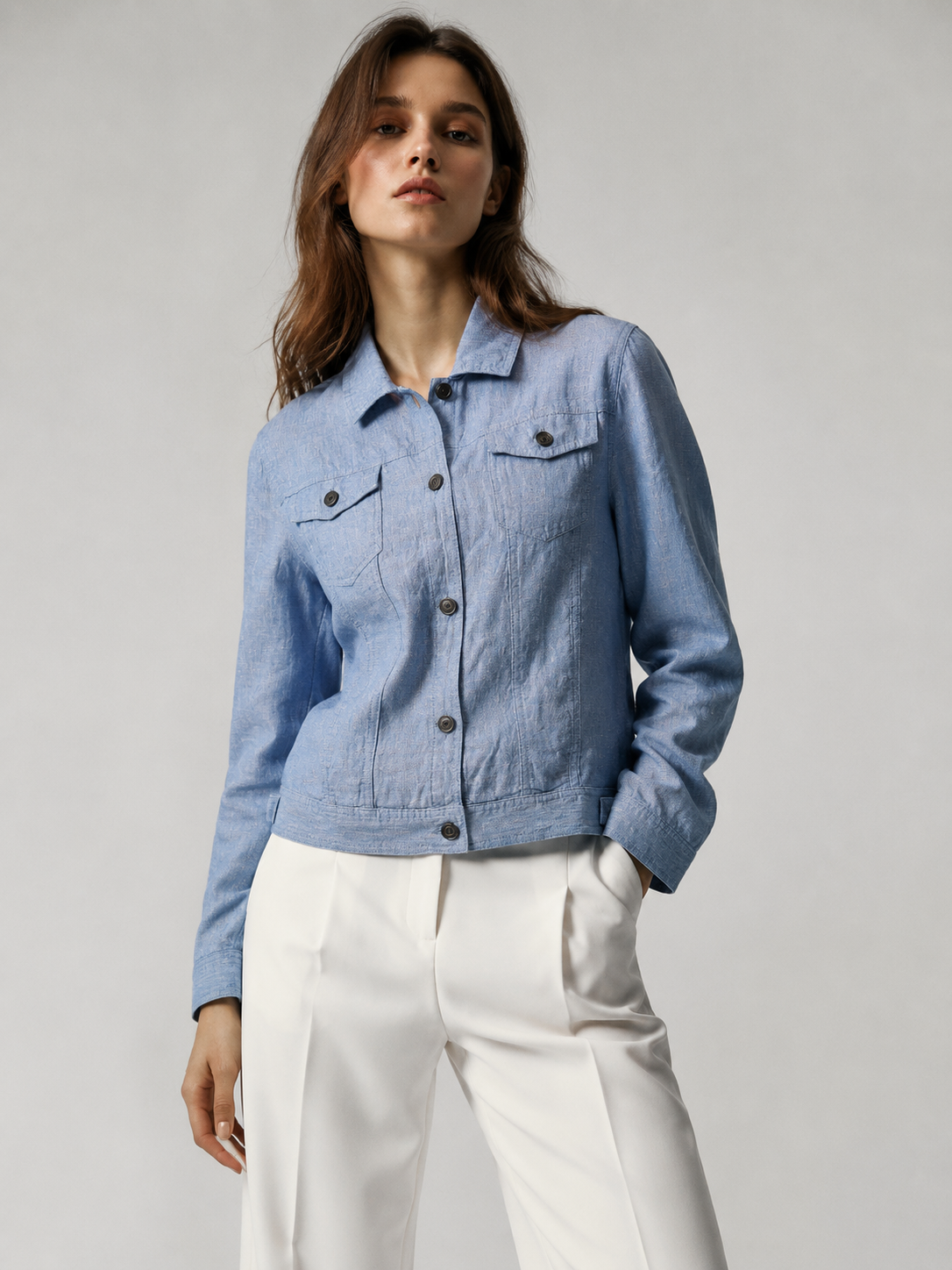 Women Linen Blue Shacket