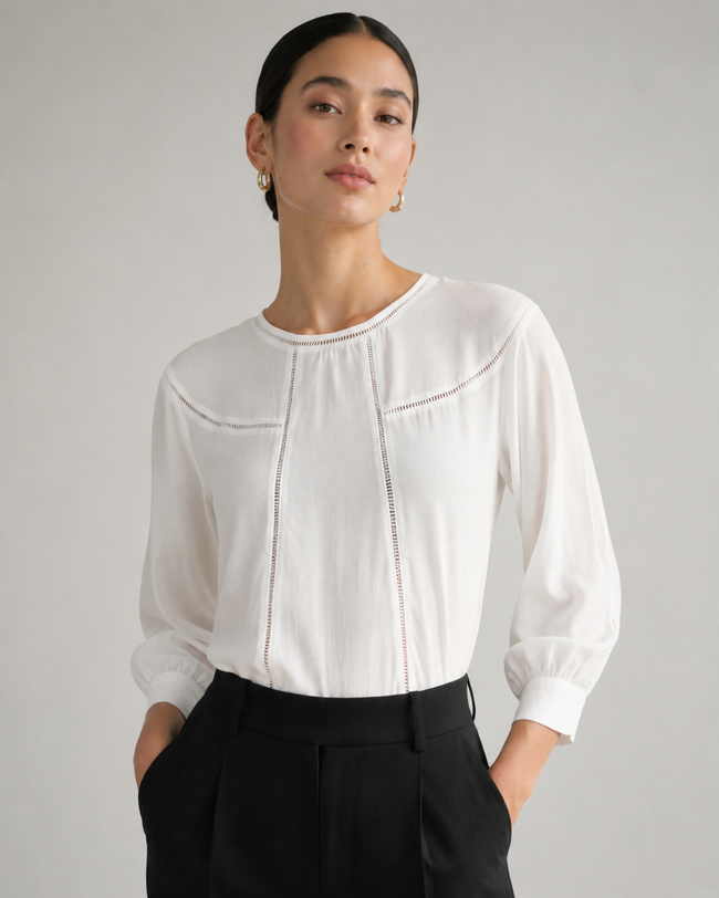 Women White Elegant Top with Balloon Sleeves and Lace Inserts