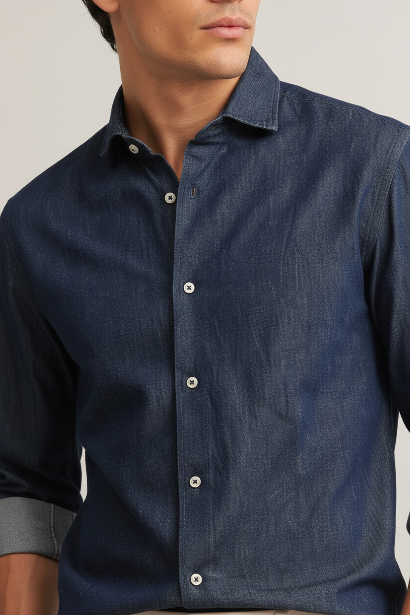 Men Denim Navy Blue Regular Fit Shirt