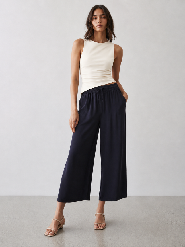 Women Navy  Flowy Wide-Leg Pants with Drawstring
