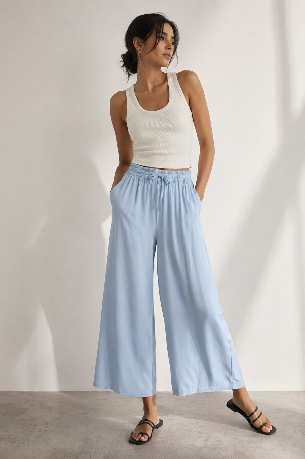 Women Blue Flowy Wide-Leg Pants with Drawstring