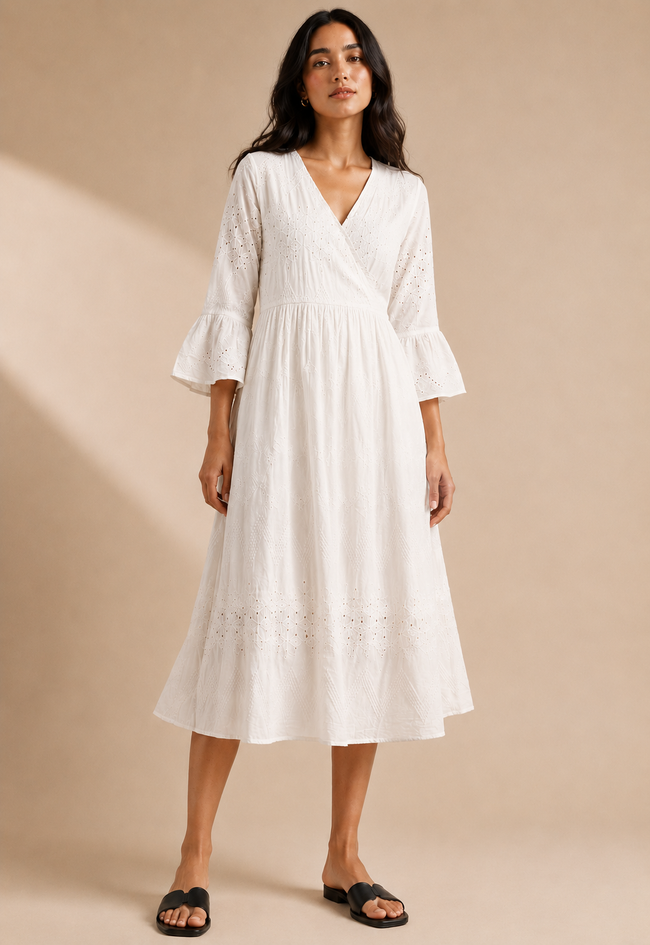 Women White Shiffli Embroidered Midi Dress
