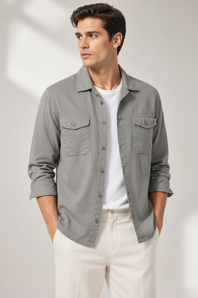 Men Turk Pocketed Cotton Linen Shirt Grey