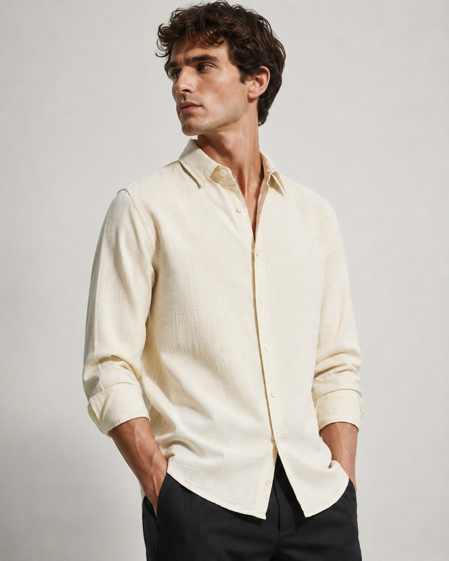 Men Beige Cotton Double Cloth Shirt