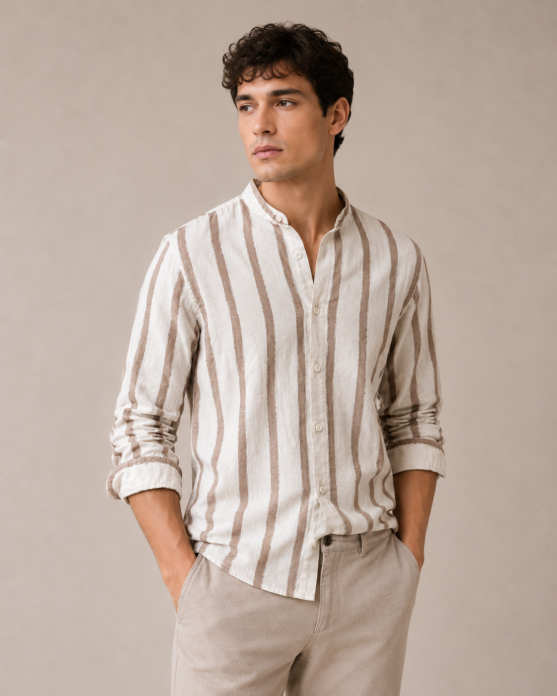 Men Billie Mao Collar Shirt Brown