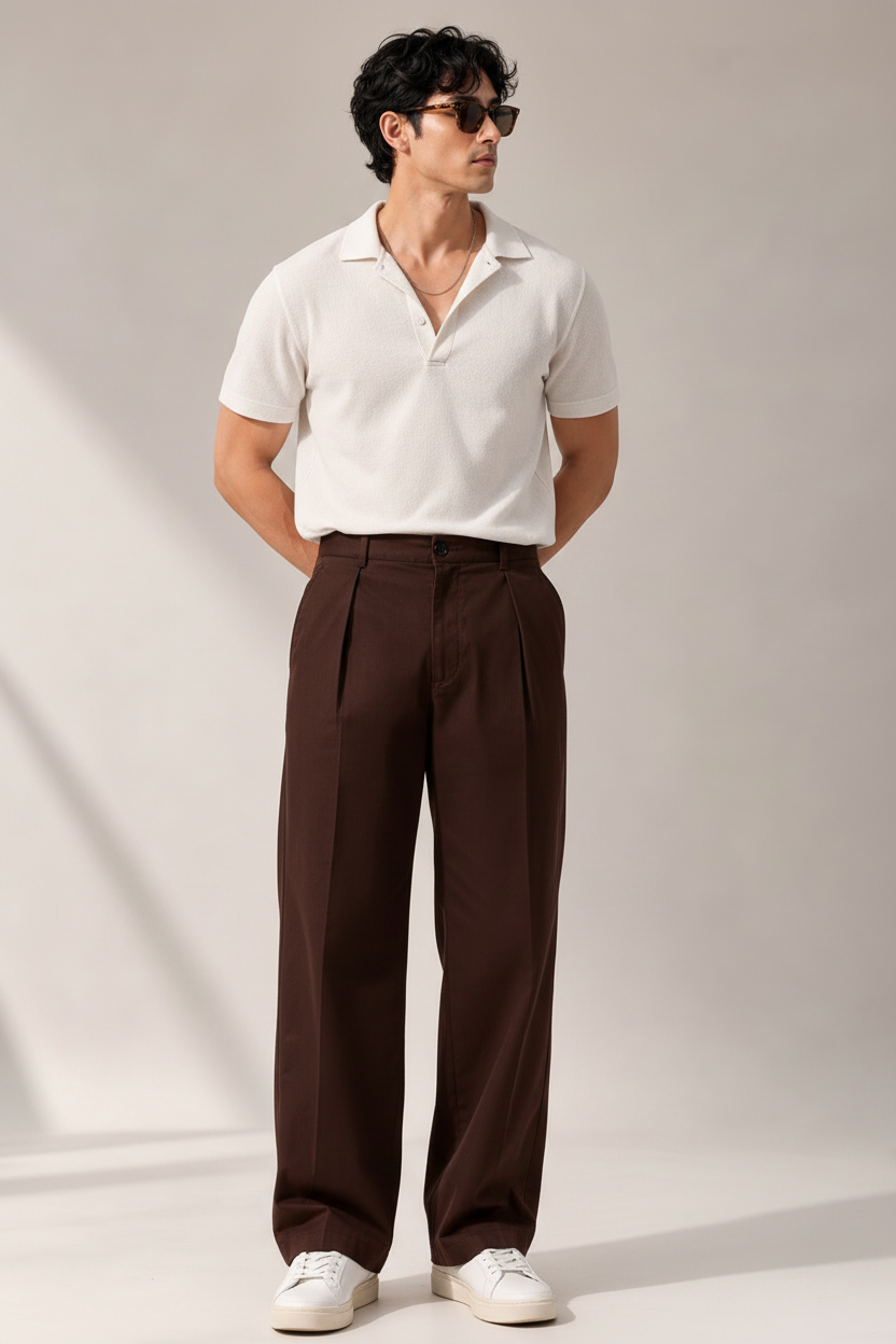 Men Brown Pleated Mid Rise Comfort Fit Trousers