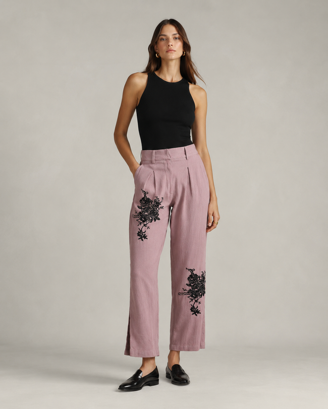 Women Pink Embroidered Pants with Slit