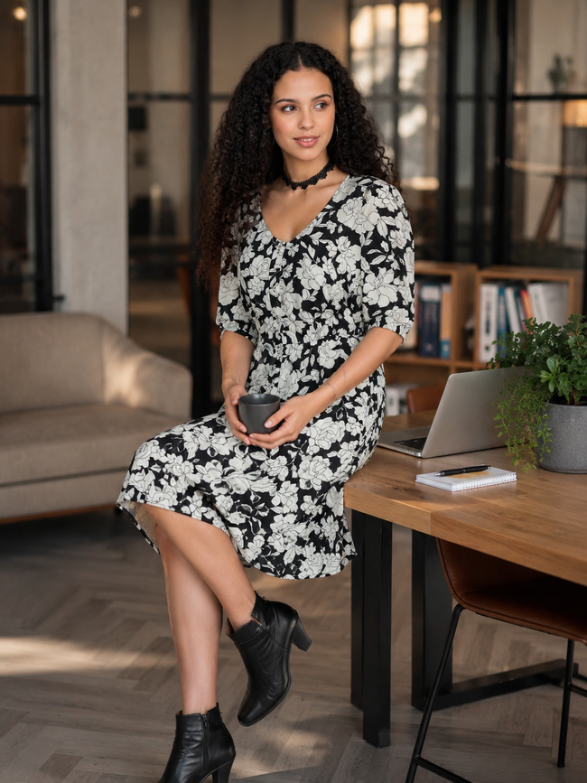 Women Retro Black White Floral Dress