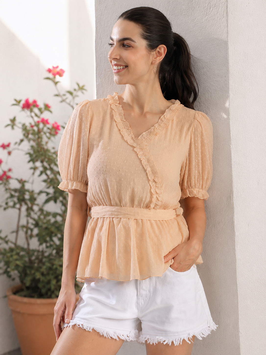Women Peach Waist Belt Top