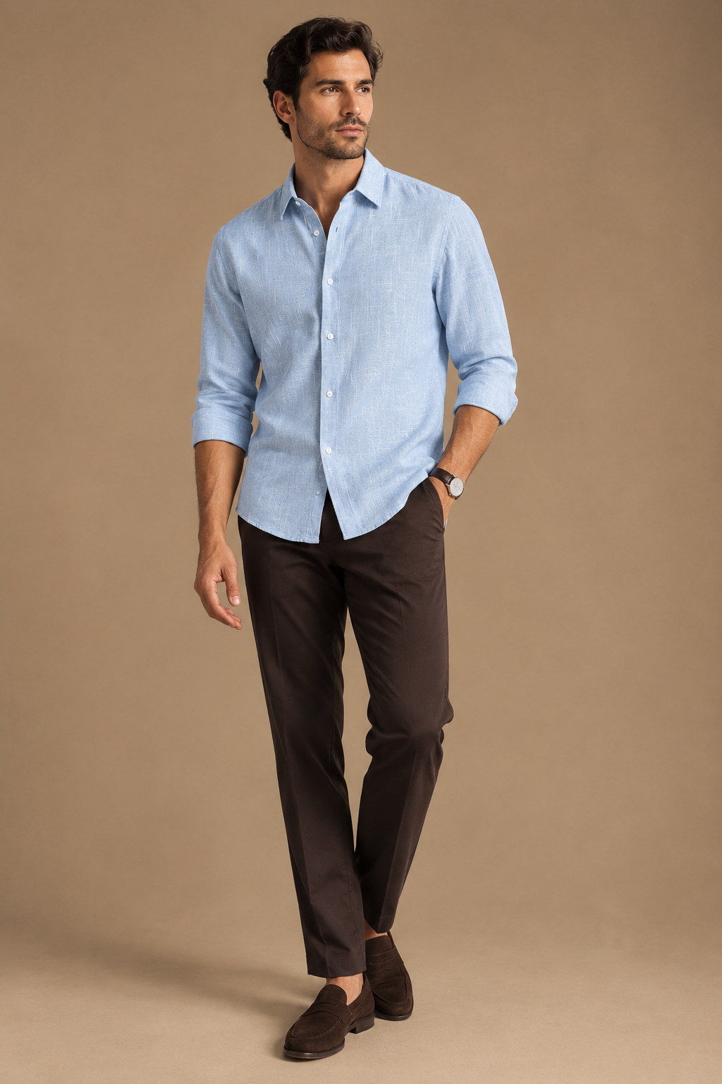 Men Light Blue Slub Textured Shirt