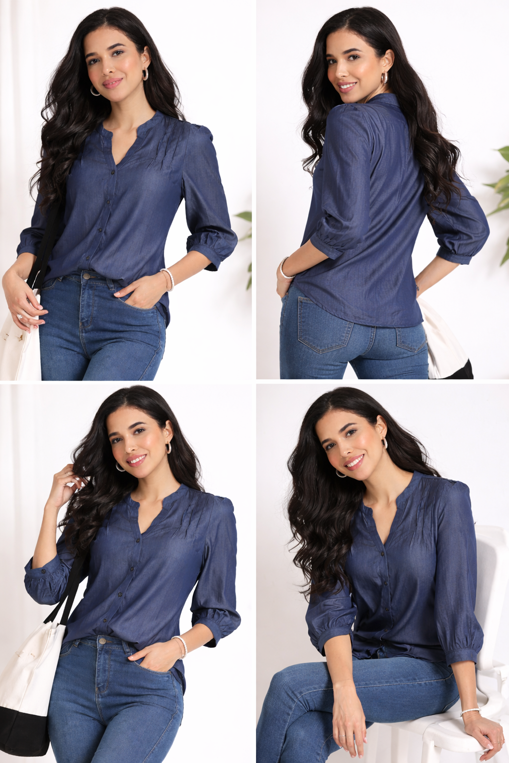 Women Denim Look Pintuck V-Neck Top