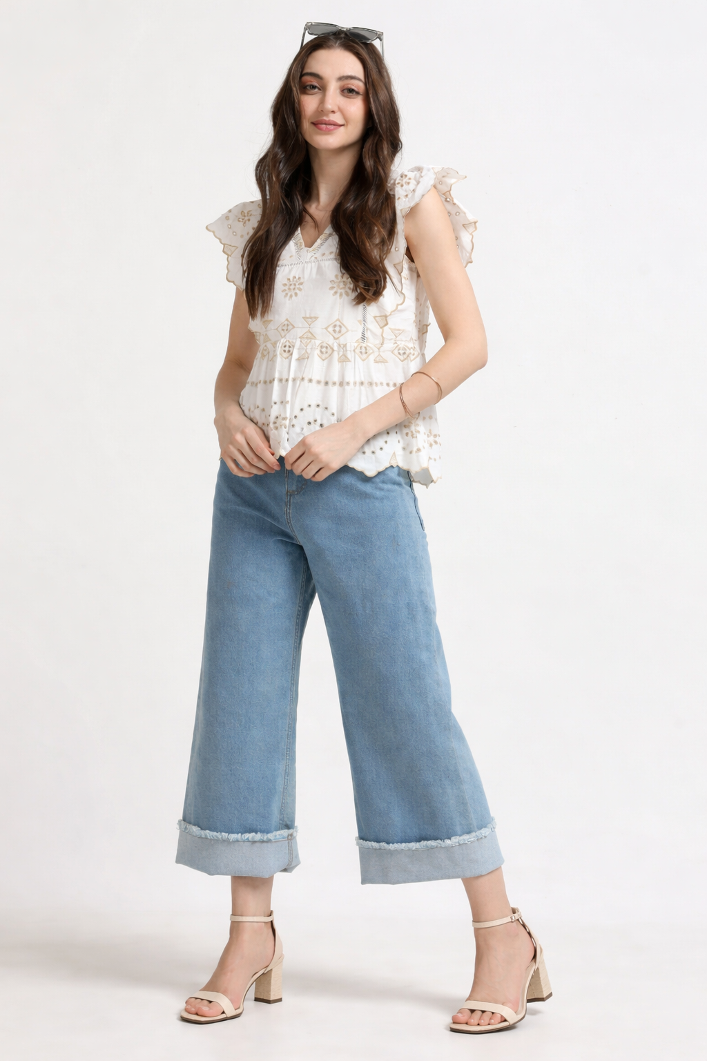 Women White Schiffli Scalloped Top