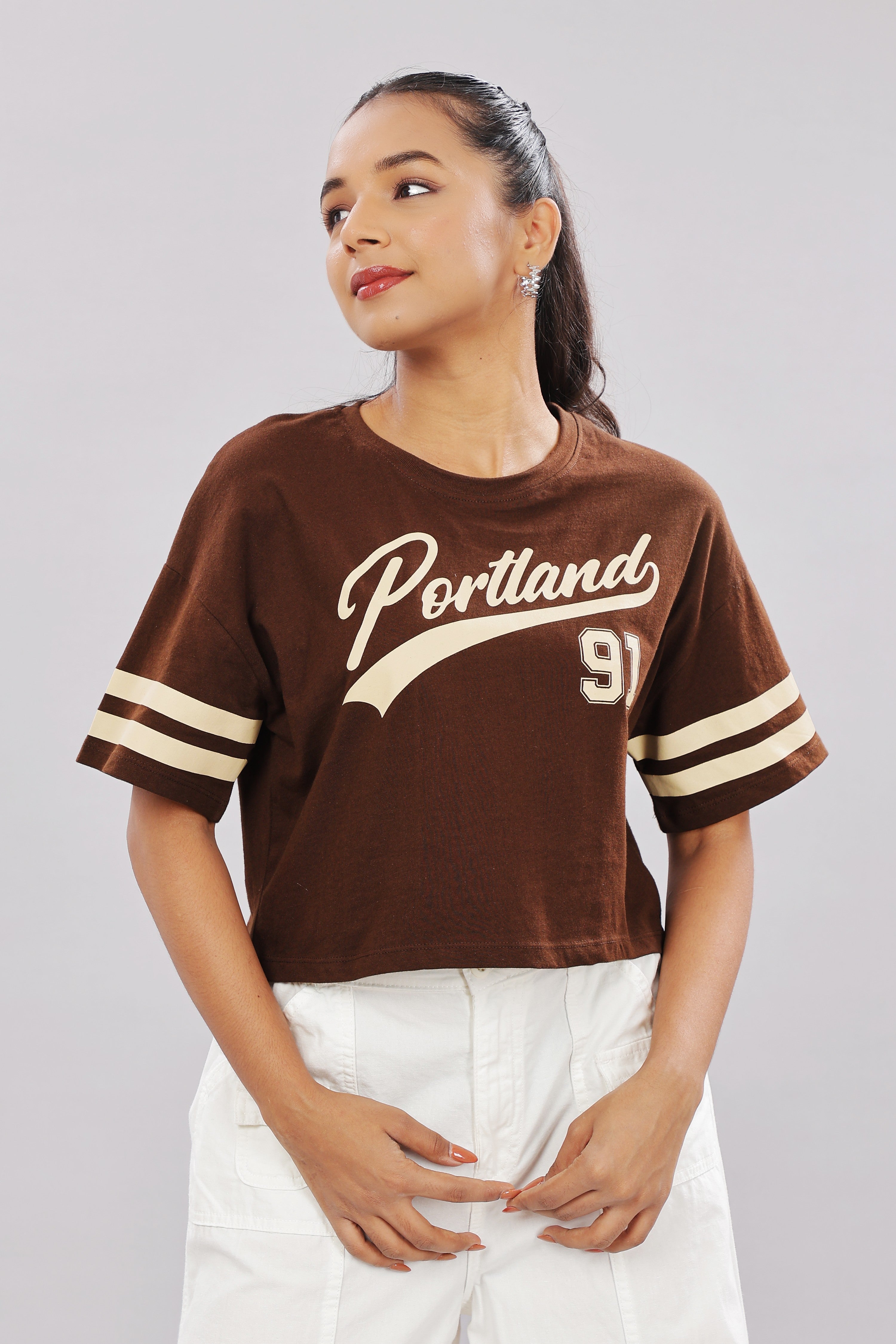 Women Printed Brown Cotton Tshirt
