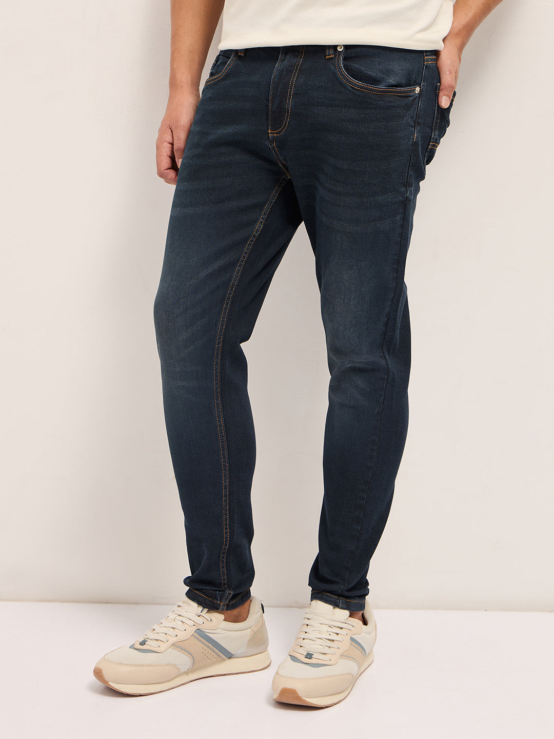 Men Dark BlueMid Fade Mid-Rise Slim Fit Jeans
